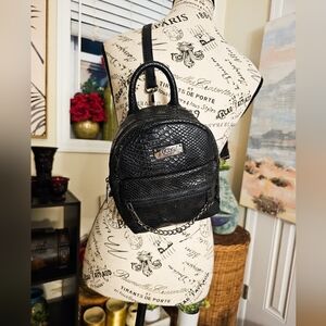 BCBG Paris Mini Snakeskin Backpack | Faux Leather Convertible Crossbody Bag | Bl
